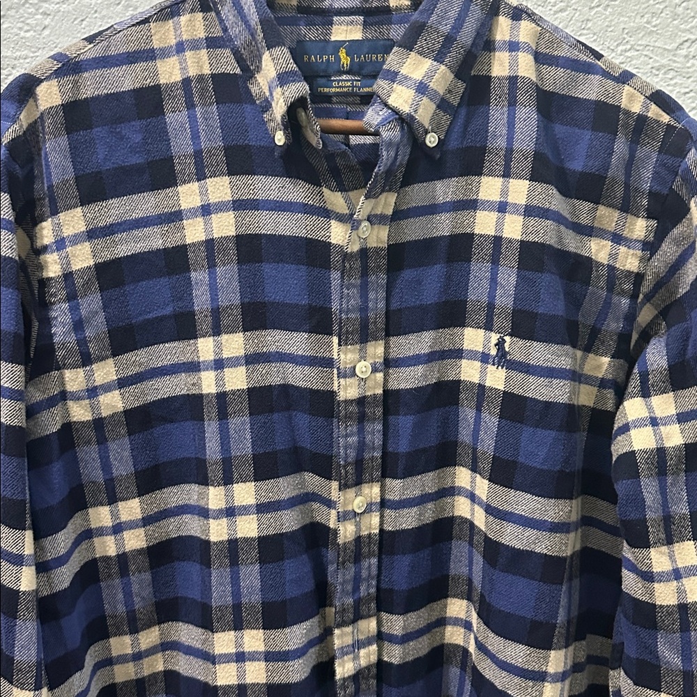 Polo Ralph Lauren Shirt Mens‎ Medium Blue Gray Plaid Flannel Button Up Preppy